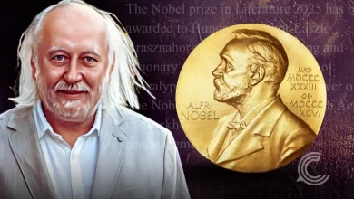 Hungarian author László Krasznahorkai sitting after being announced as the 2025 Nobel Prize in Literature winner