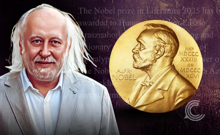 Hungarian author László Krasznahorkai sitting after being announced as the 2025 Nobel Prize in Literature winner