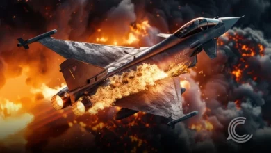 Tejas fighter jet engulfed in flames after Dubai Airshow crash.