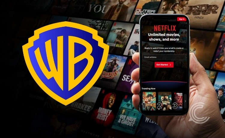 Netflix logo with Warner Bros Discovery iconic franchises like DC Comics and Game of Thrones
